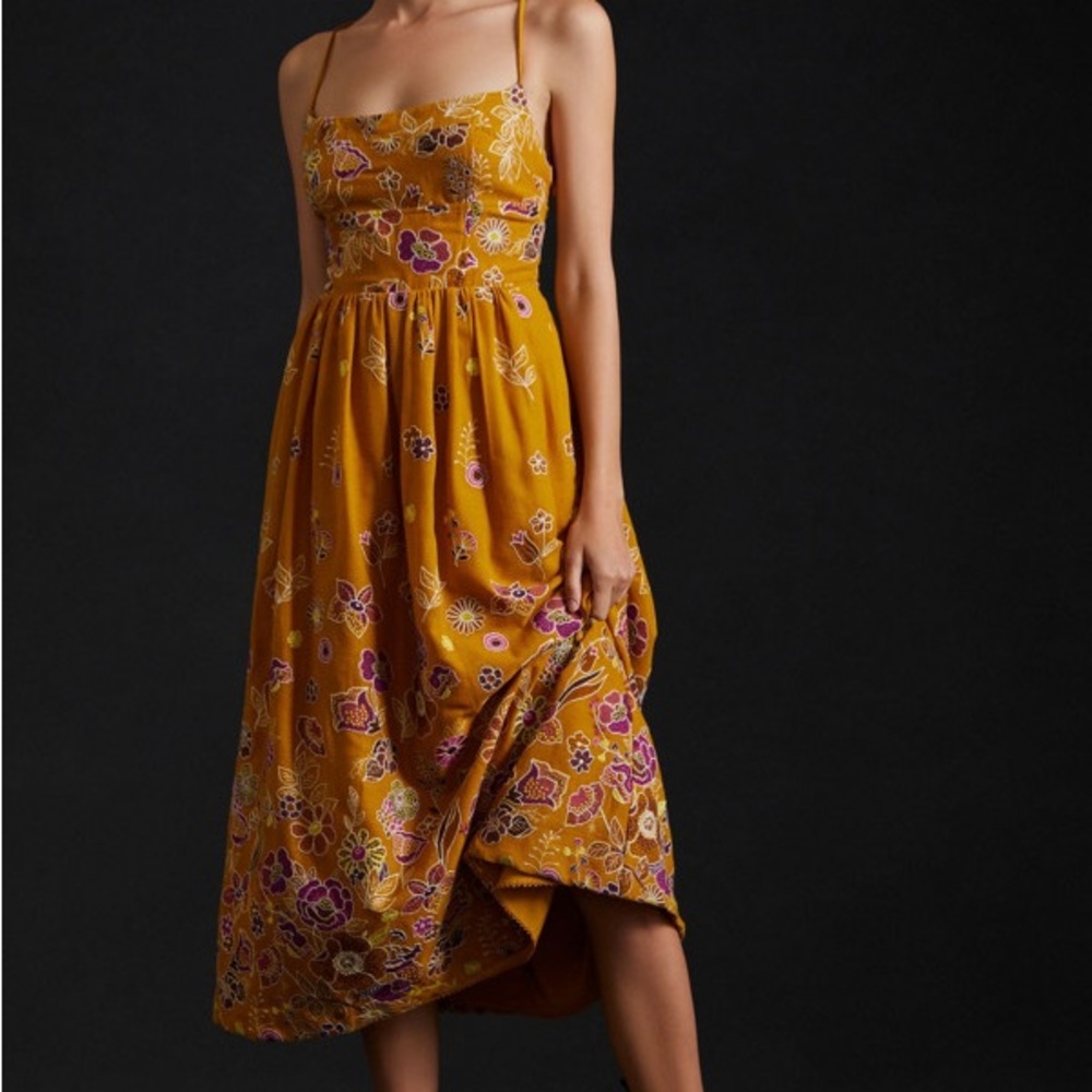 Mustard Floral Spaghetti-Strap Midi Dress